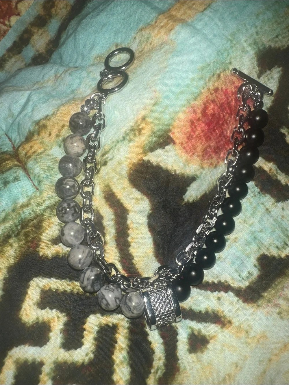 NWOT Matte Black Gray Tiger Eye Beaded Chain Bracelet
